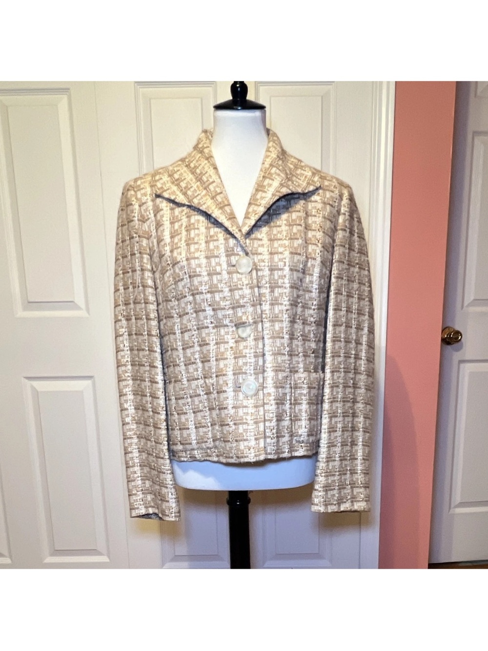 Talbots Tweed Plaid Beige Suit Jacket Blazer Notch Lapel 3-Button Size 14